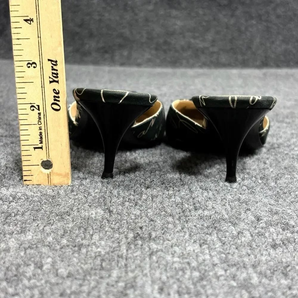 Vintage Chanel Shoes Womens 6 EU 36 Black Cruise Script Print Kitten Heel Mules
